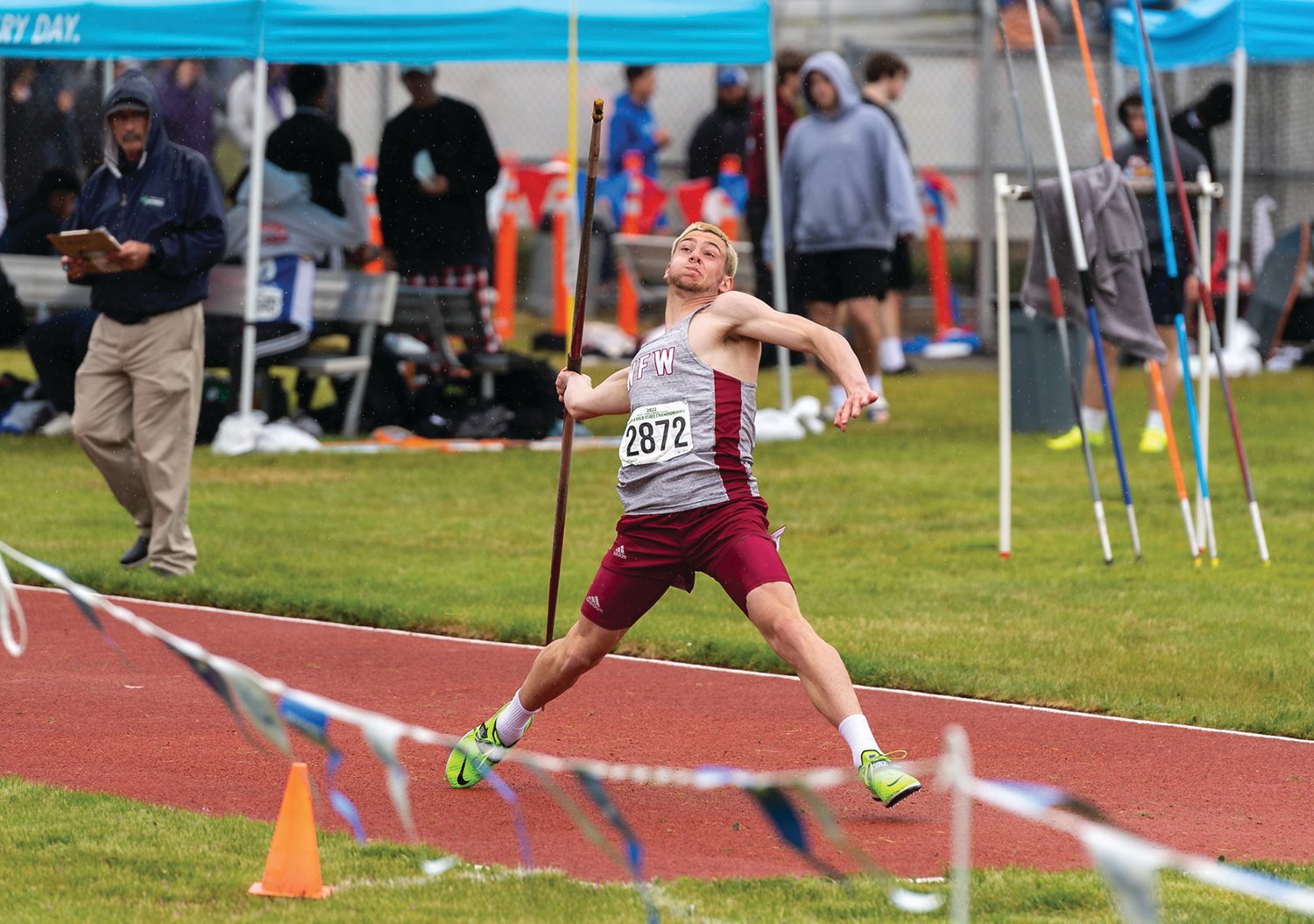 W.F. West's Seth Hoff launches a javelin in the 2A Boys Javelin at the 4A/3A/2A State Track and Field Championships on Saturday, May 28, 2022, at Mount Tahoma High School in Tacoma. (Joshua Hart/For The Chronicle)